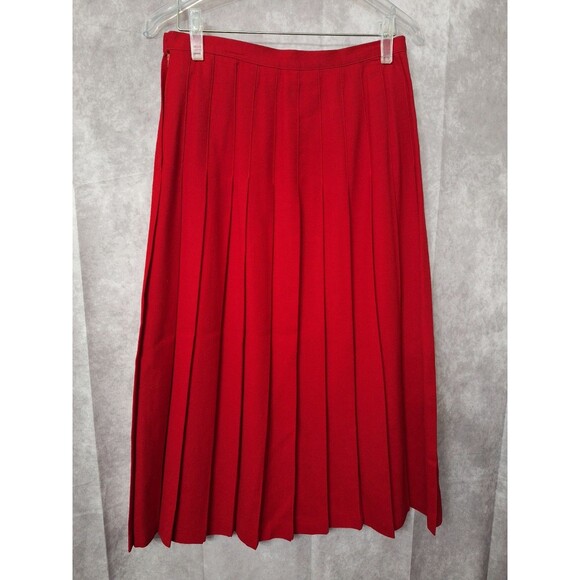 Vintage 80's Red Pleated Wool Midi Skirt Sz 10 Made in USA Red Classic Heritage - Picture 2 of 9
